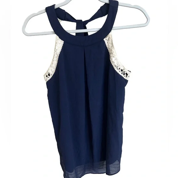 A. Byer Navy and Cream Tank Top with Lace Accents - Picture 1 of 5